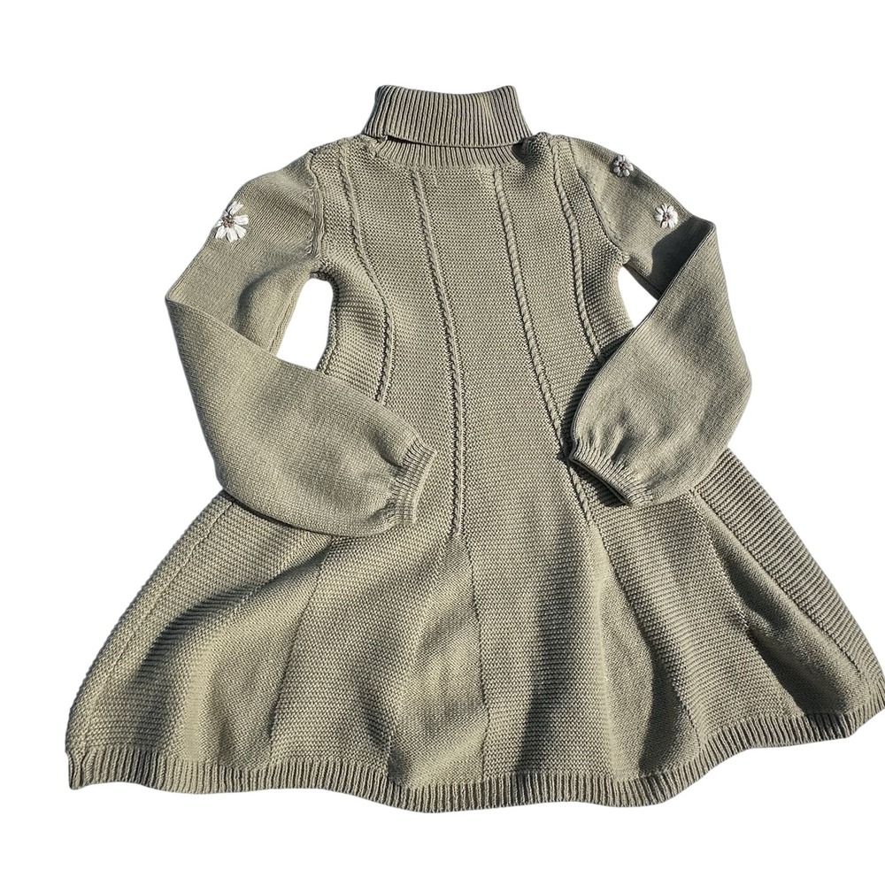 Cupcakes and Cashmere Kids Sage Green Daisy Embroidered Turtleneck Sweater Dress - Picture 2 of 9